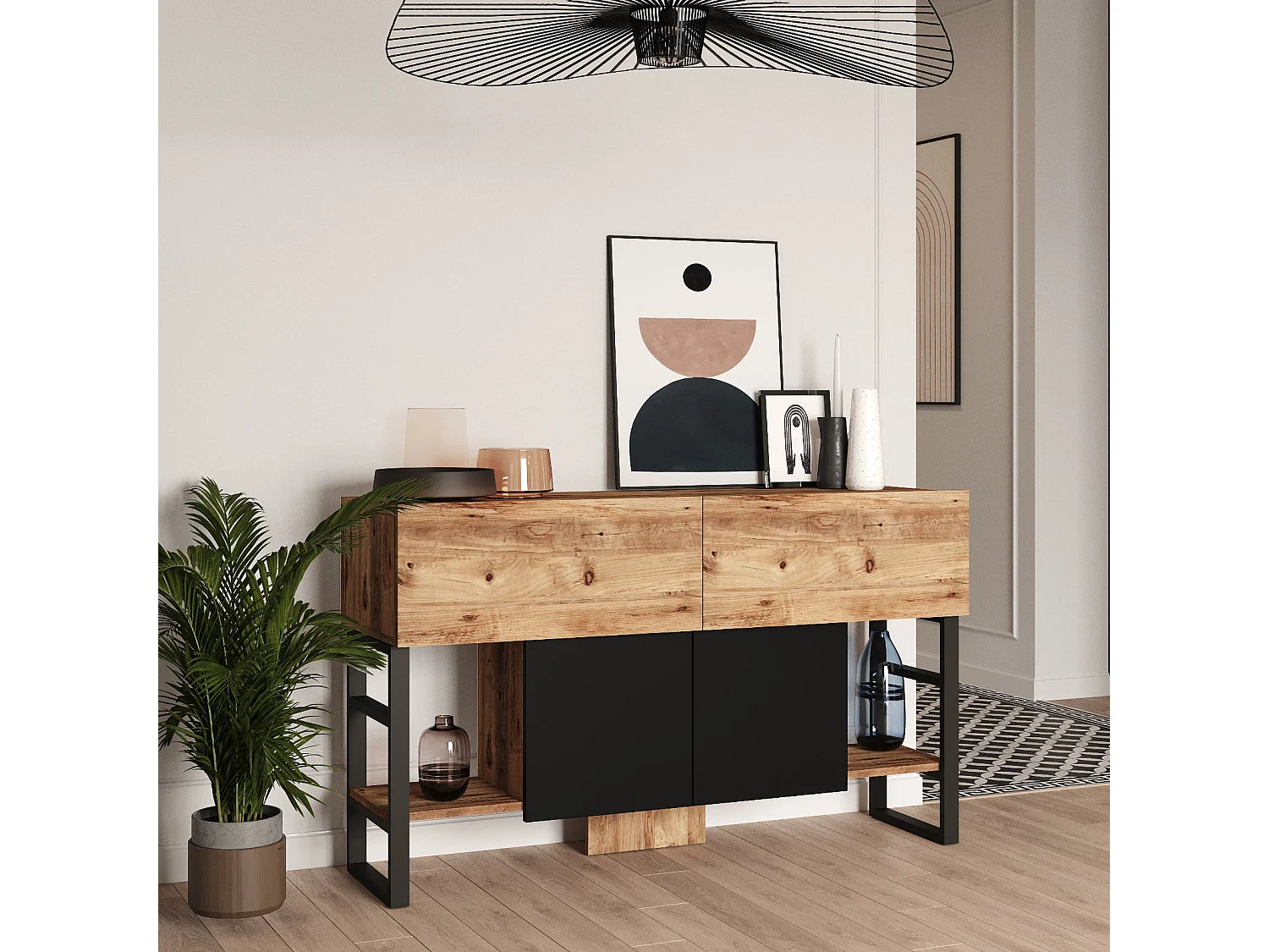 Träbuffé "Mel" - Industriell Stil - 140 x 43 x 84 cm - Beige - 4 Förvaringsutrymmen