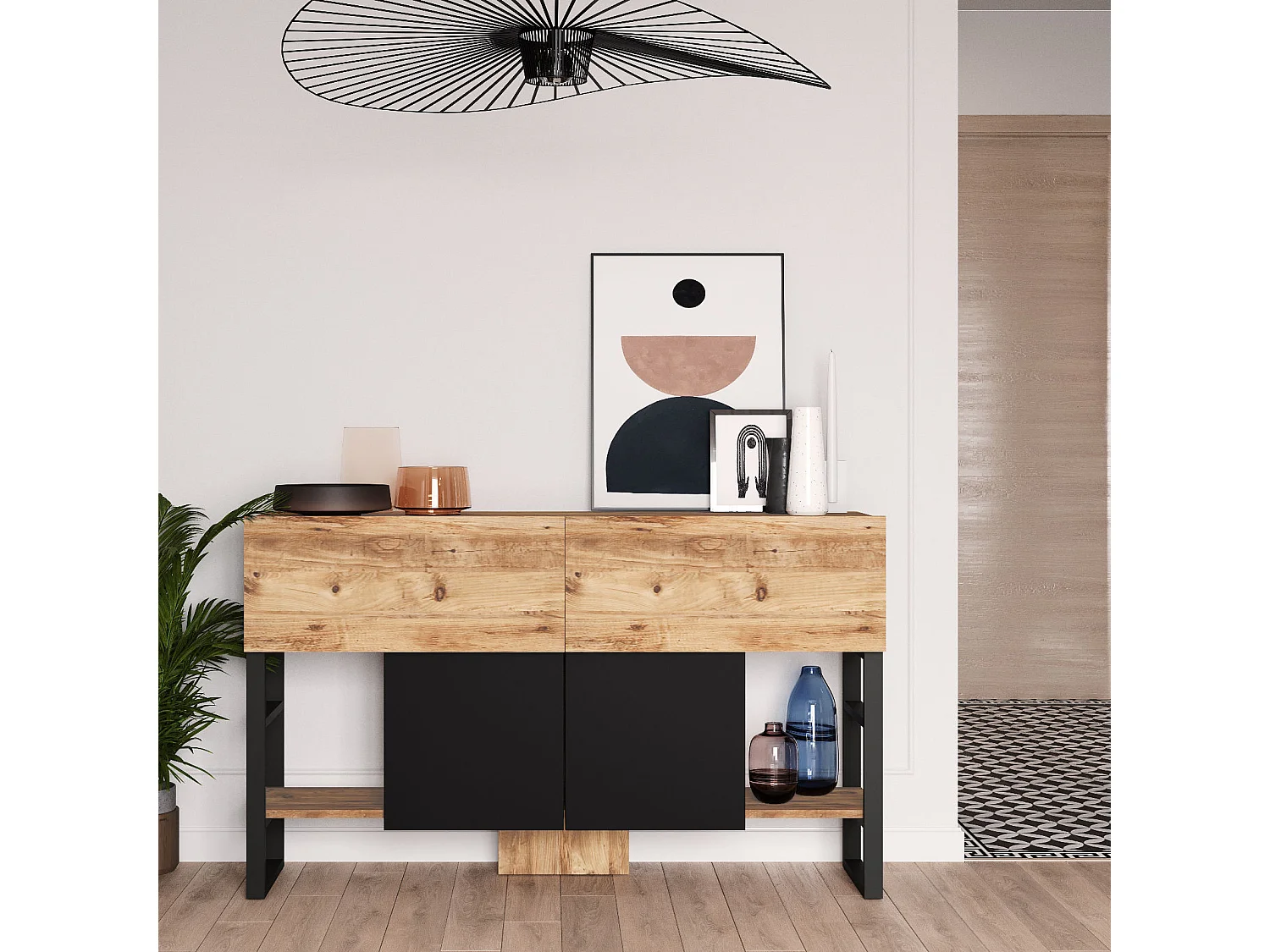 Träbuffé "Mel" - Industriell Stil - 140 x 43 x 84 cm - Beige - 4 Förvaringsutrymmen
