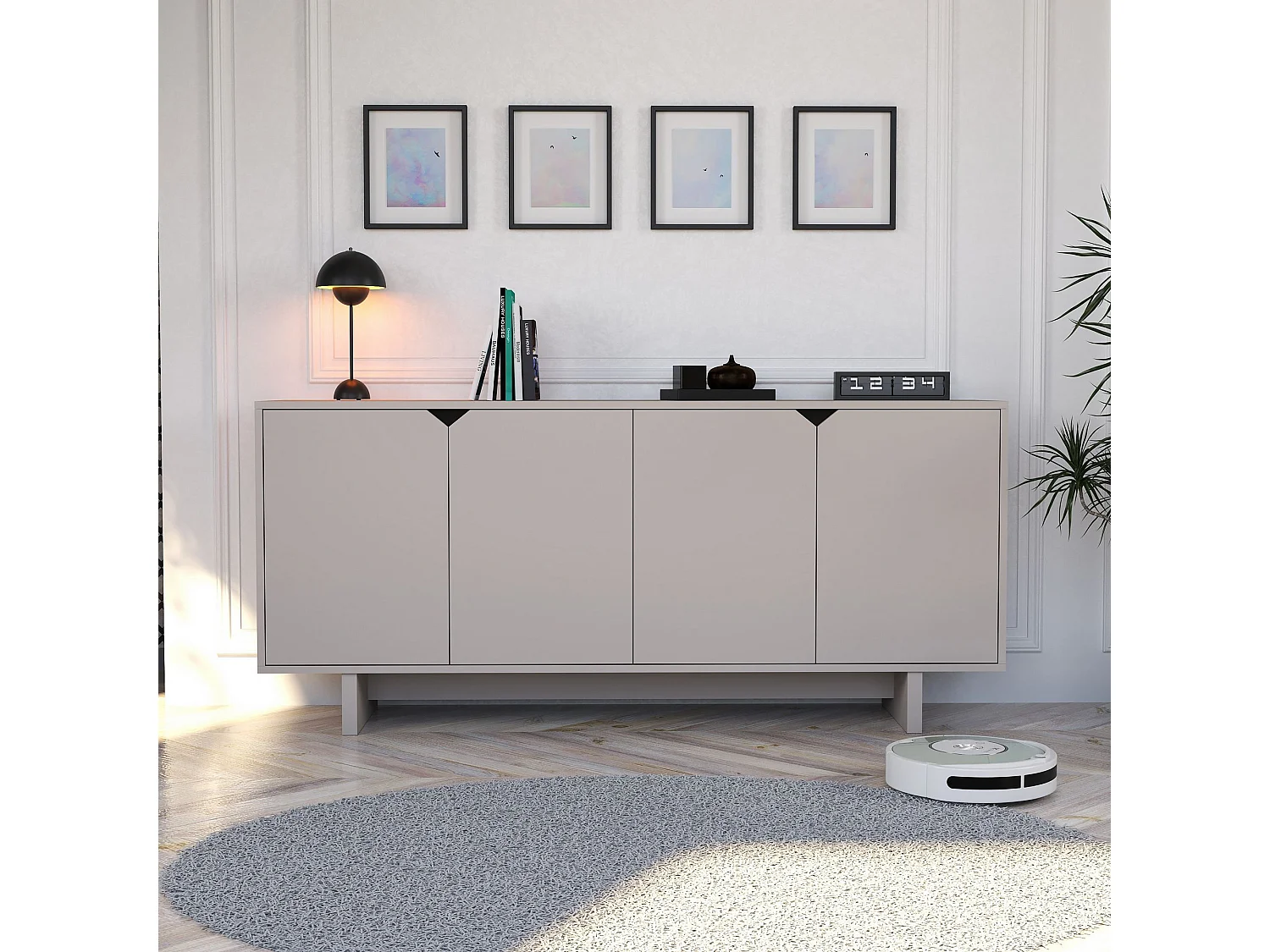 Modernes Beige Holz Sideboard "Oz" - 180 x 40 x 81 cm - 4 Türen, 4 Regale