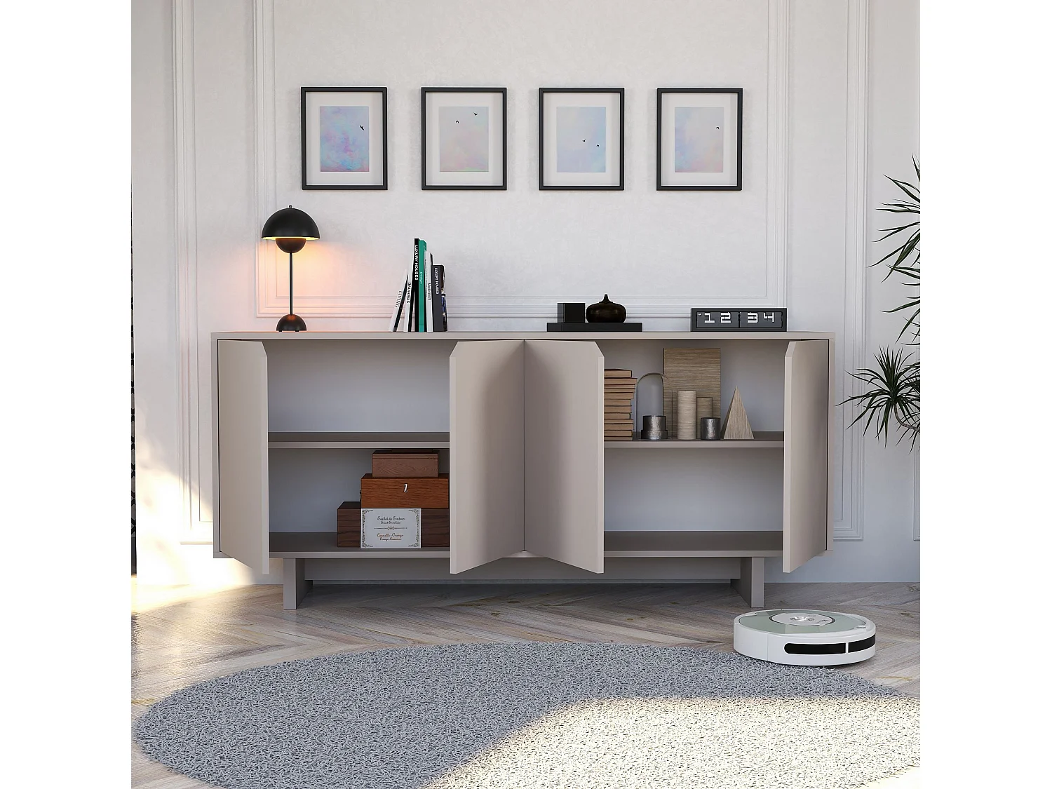 Modernes Beige Holz Sideboard "Oz" - 180 x 40 x 81 cm - 4 Türen, 4 Regale