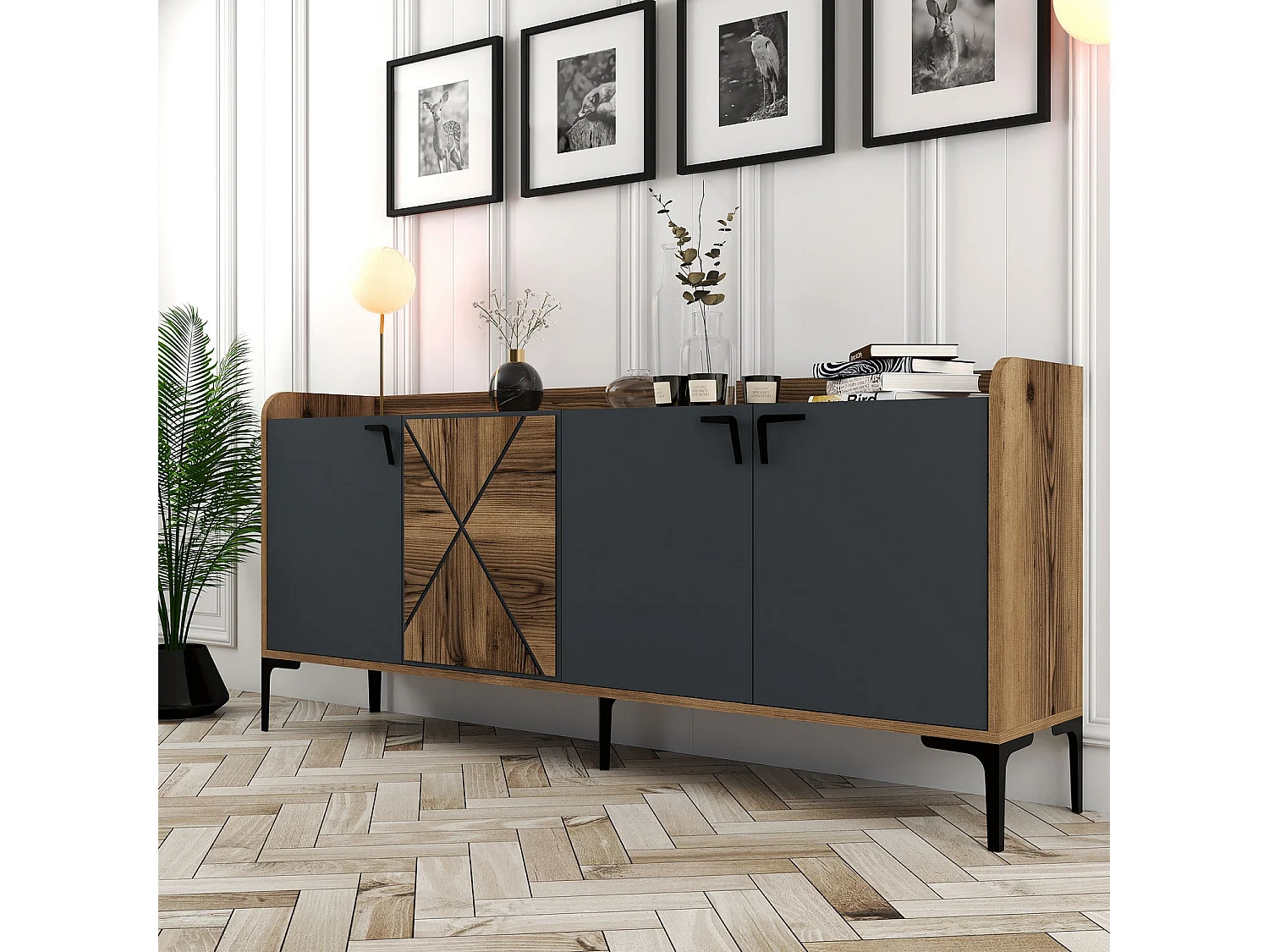 Buffet en bois "Venedik" - 180 x 35 x 78 cm - Gris anthracite