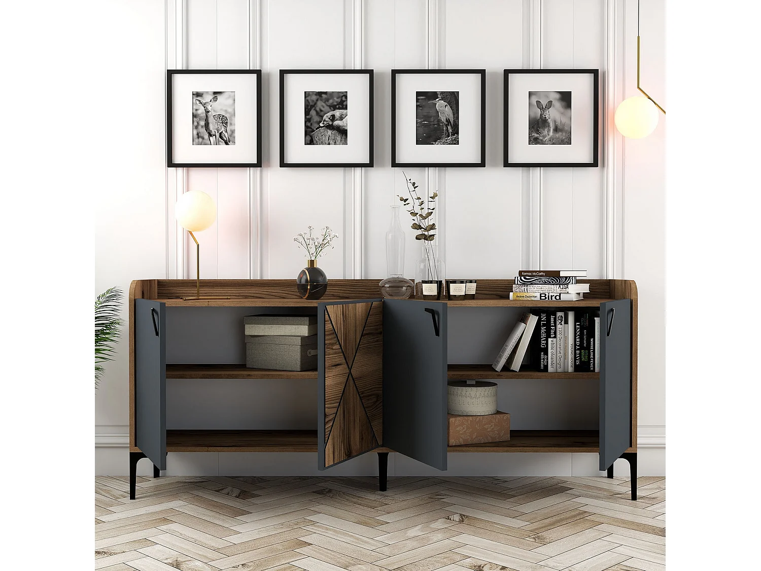 Buffet en bois "Venedik" - 180 x 35 x 78 cm - Gris anthracite