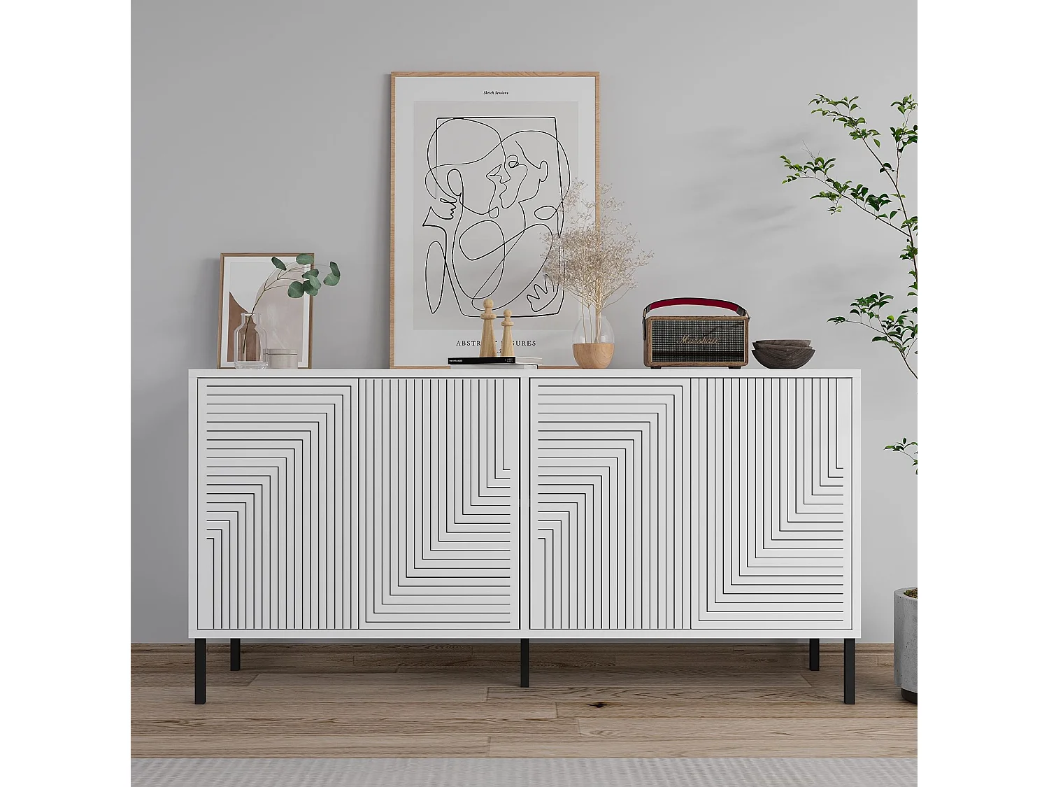 Modernes Geometrisches Holzbuffet "Evolet" - Weiß 150 x 36 x 75 cm
