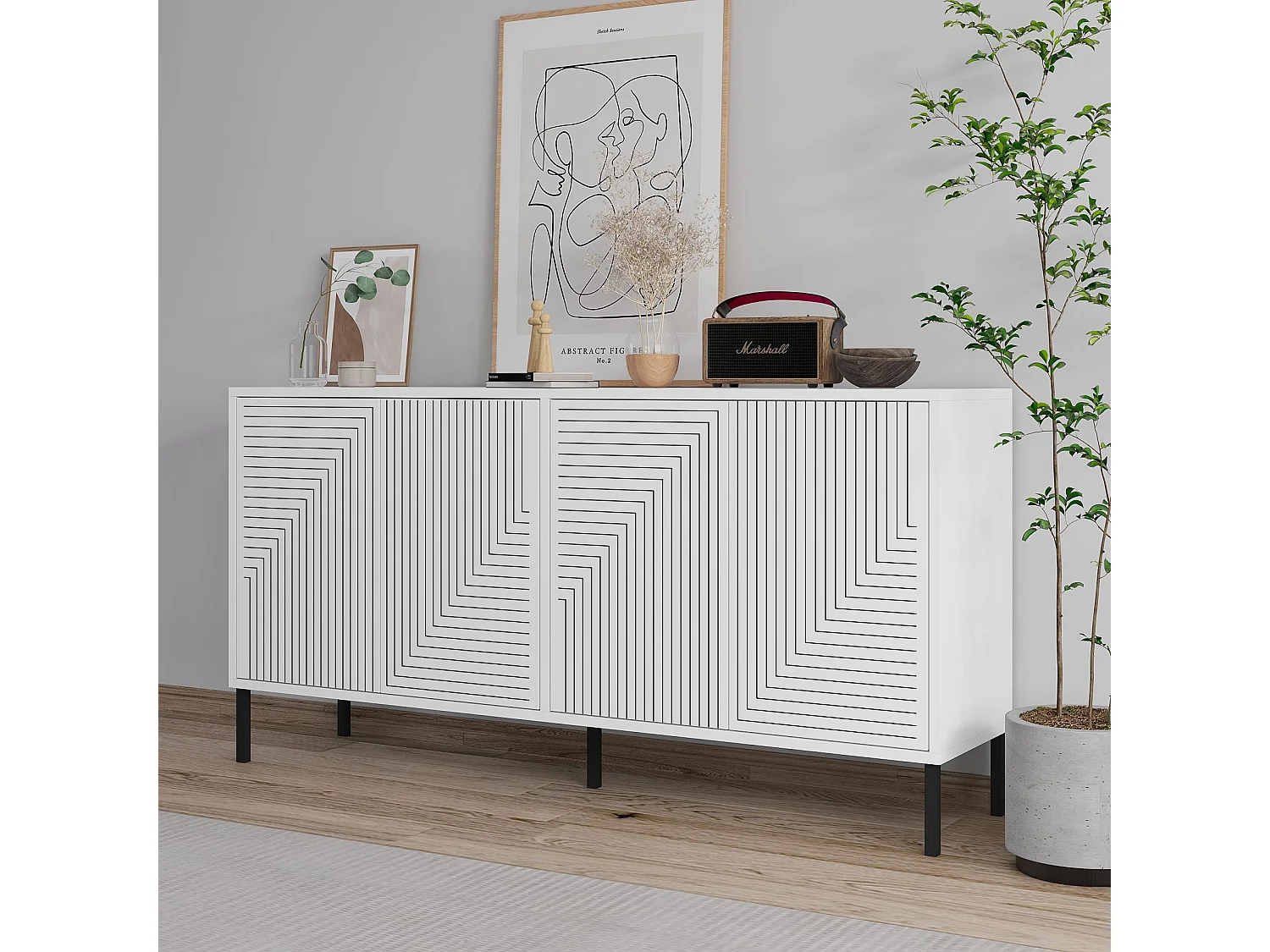 Modern Geometrisk Träbuffé "Evolet" - Vit 150 x 36 x 75 cm