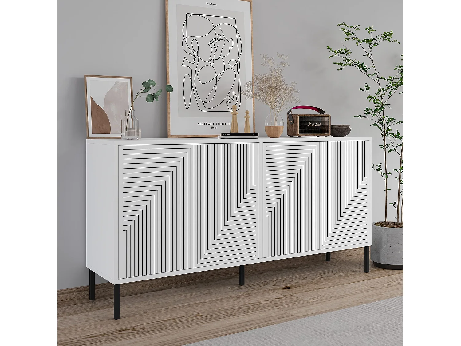 Modern Geometrisk Träbuffé "Evolet" - Vit 150 x 36 x 75 cm