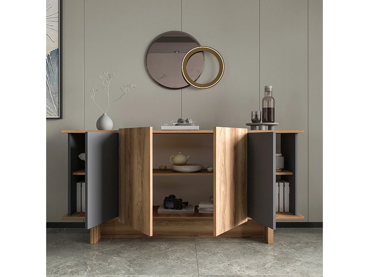 Modern Träbuffé "Diana" - Grå - 180 x 40 x 81 cm - Väggmonterbar