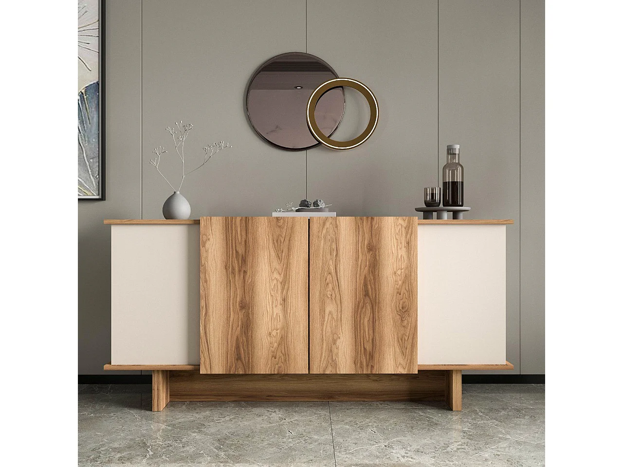 Modern Sidobord i Trä "Diana" - Beige, 180 x 40 x 81 cm, 6 Hyllor, 4 Dörrar