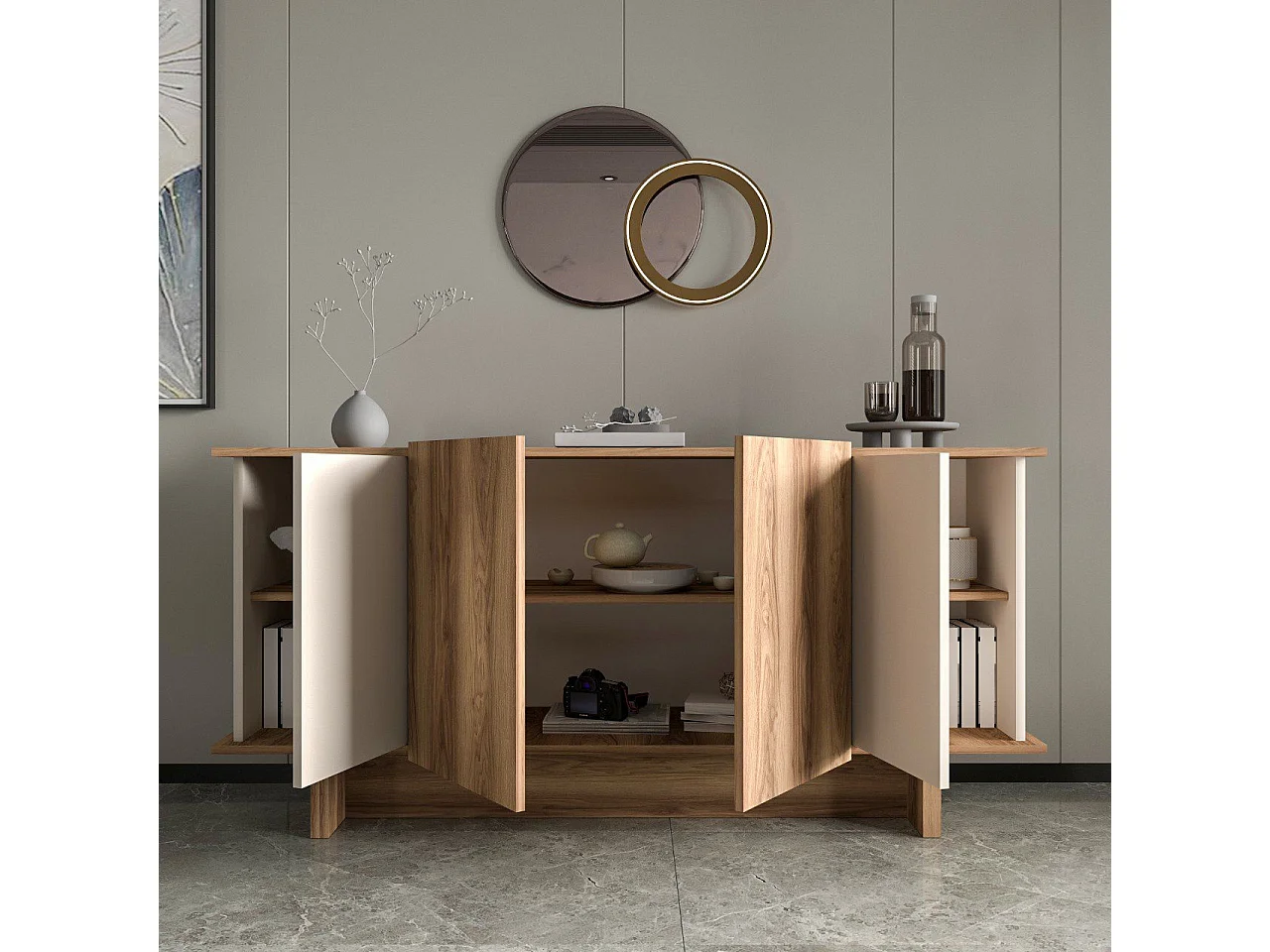 Modern Sidobord i Trä "Diana" - Beige, 180 x 40 x 81 cm, 6 Hyllor, 4 Dörrar