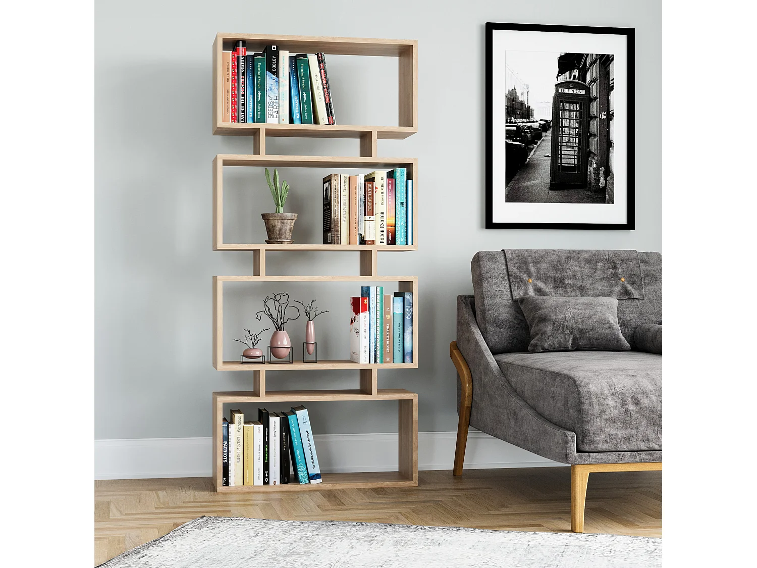 Houten Boekenkast "Langdon" - Beige, 72 x 25 x 161 cm, 4 Opbergvakken, Modern Design