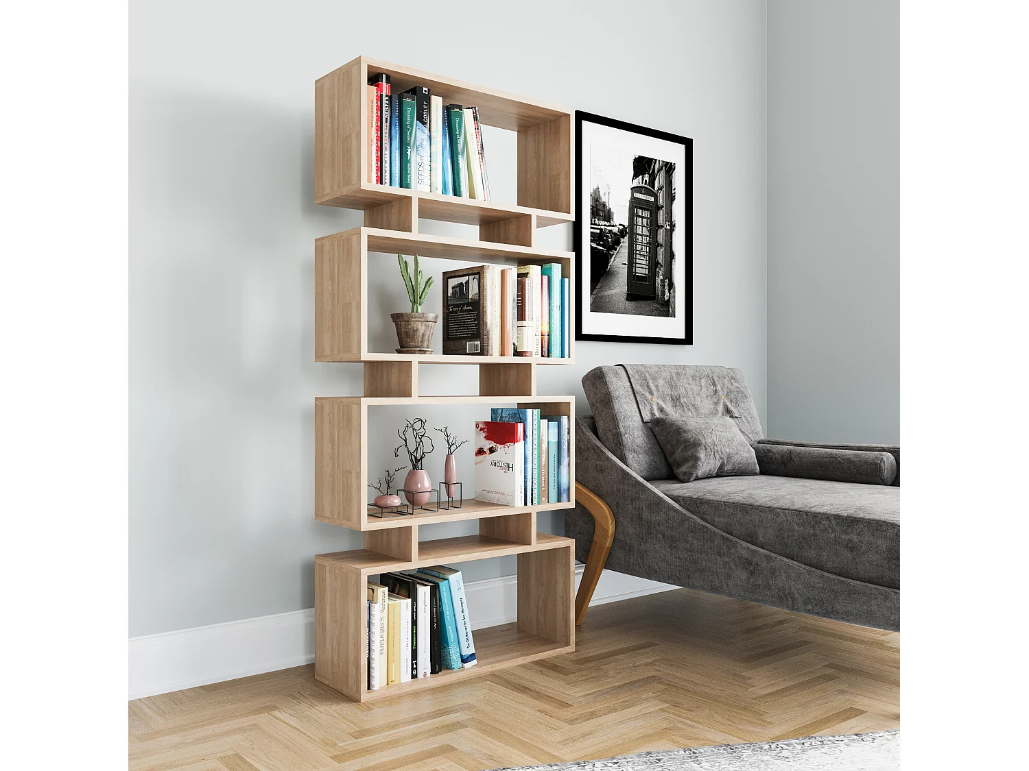 Houten Boekenkast "Langdon" - Beige, 72 x 25 x 161 cm, 4 Opbergvakken, Modern Design