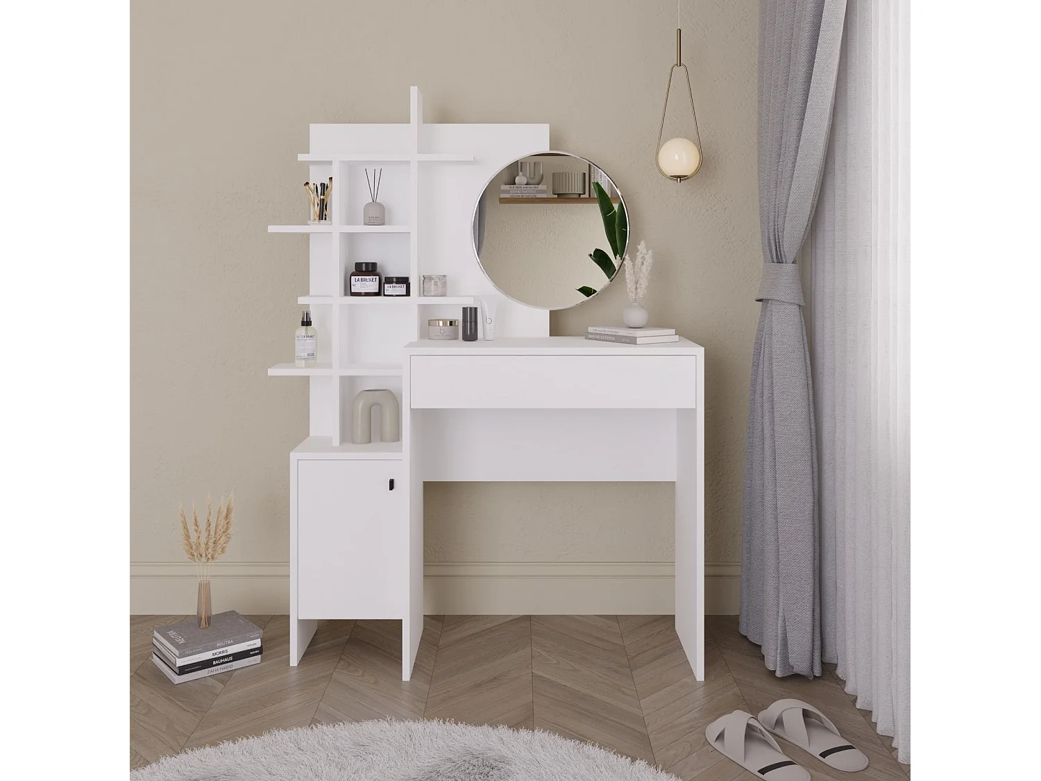 Weißer Schminktisch aus Holz "Mup" 105x35x151 cm mit Spiegel und Stauraum, skandinavisches Design