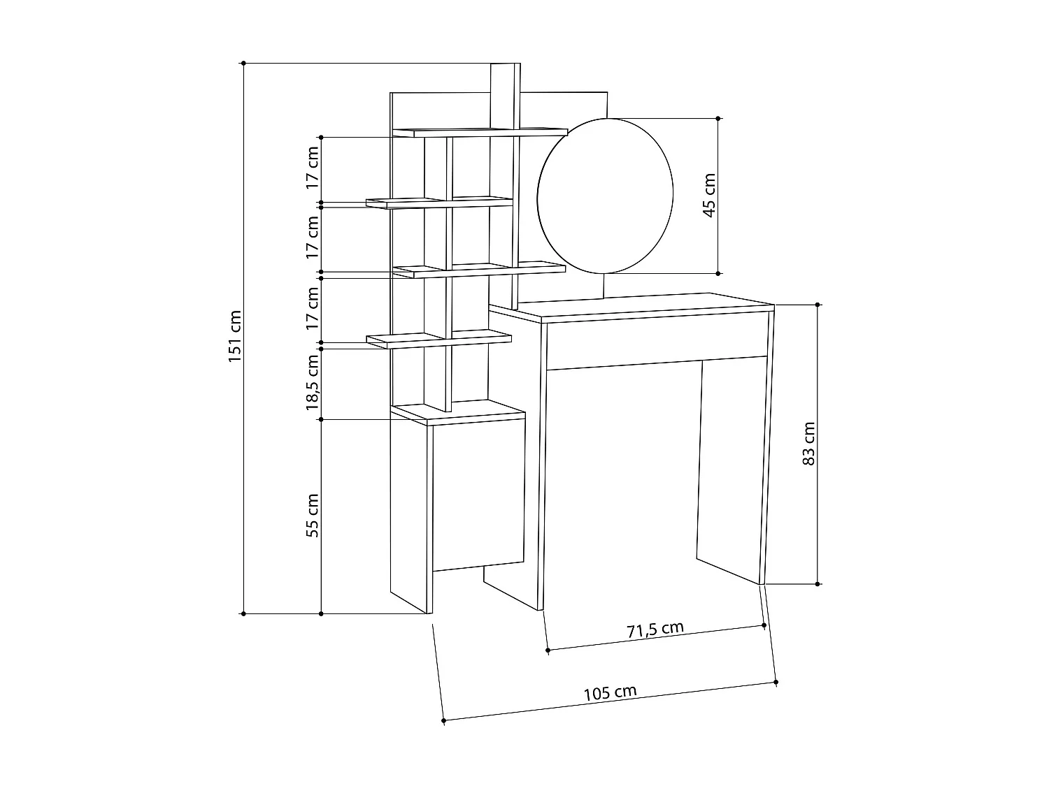 Weißer Schminktisch aus Holz "Mup" 105x35x151 cm mit Spiegel und Stauraum, skandinavisches Design