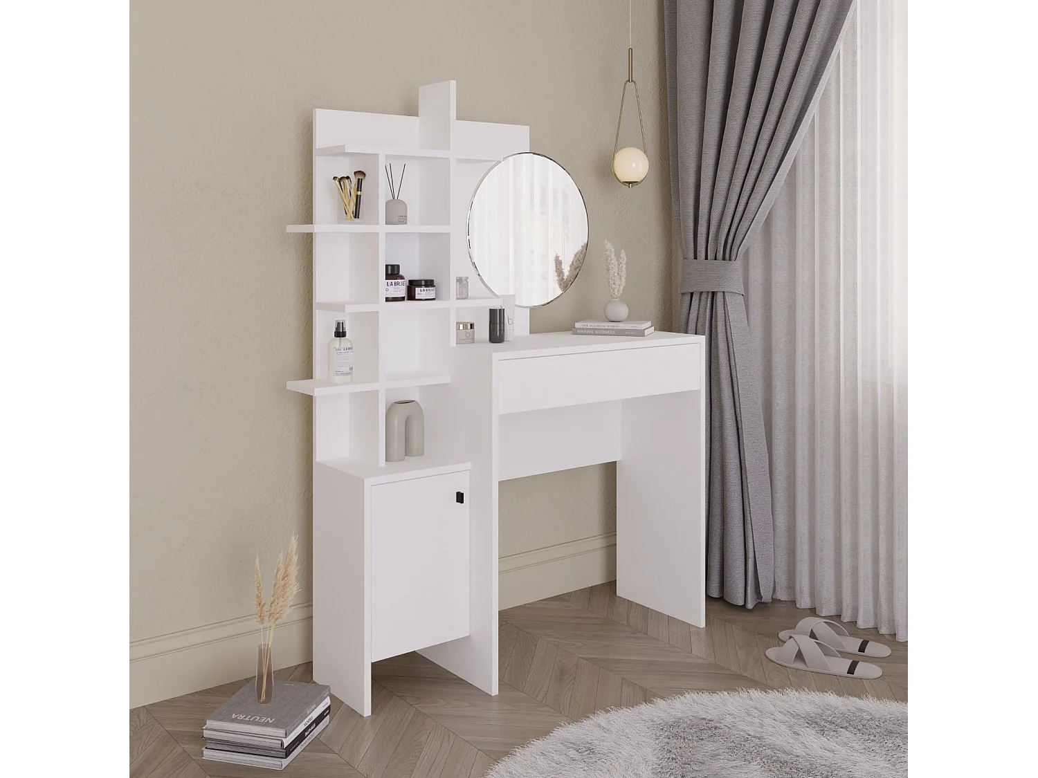 Modern Vit Träsminkbord "Mup" med Spegel och Förvaring - Skandinavisk Design