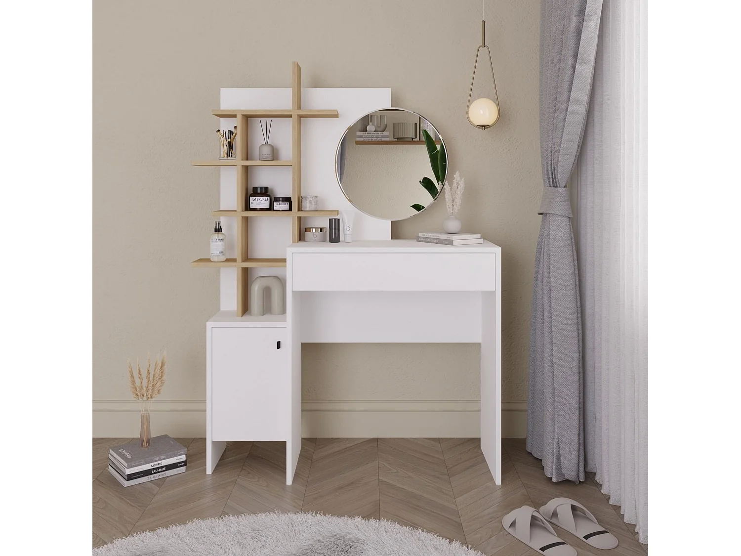 Schminktisch aus weißem Holz "Mup" 105x35x151 cm mit Spiegel, Stauraum und Wandbefestigung