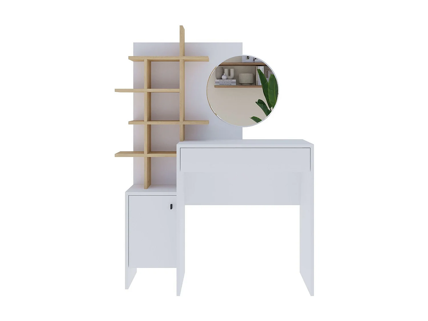 Schminktisch aus weißem Holz "Mup" 105x35x151 cm mit Spiegel, Stauraum und Wandbefestigung