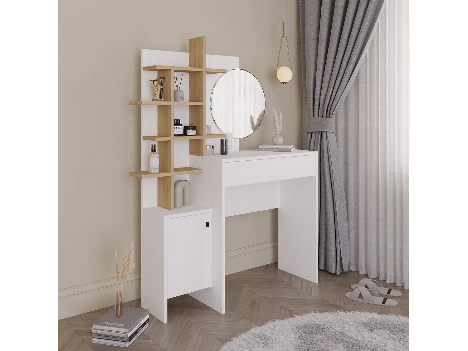 Schminktisch aus weißem Holz "Mup" 105x35x151 cm mit Spiegel, Stauraum und Wandbefestigung