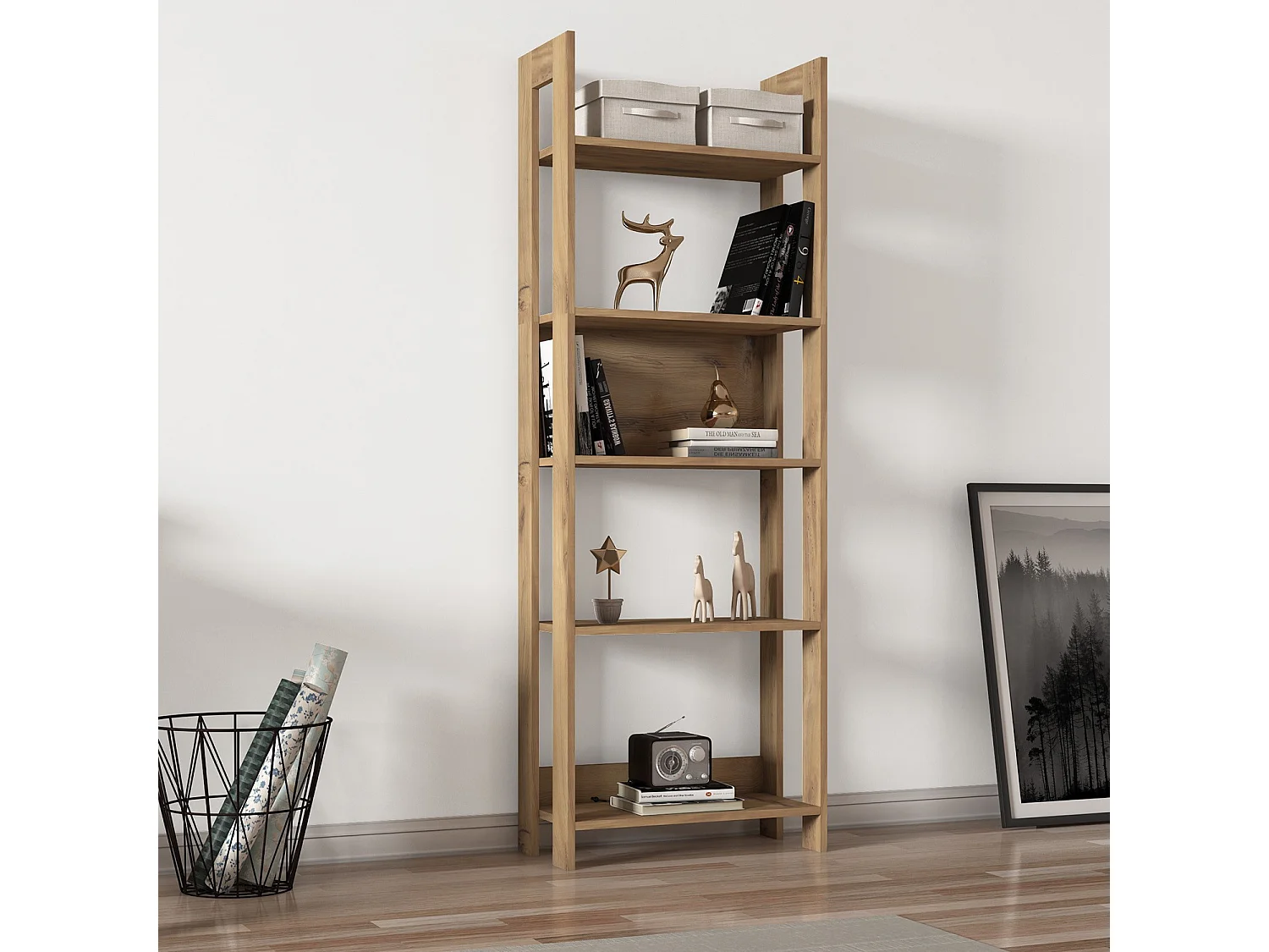 "Lantlig Träbokhylla - Elegant Design - 5 Hyllor - Brun - 64 x 30 x 180 cm"