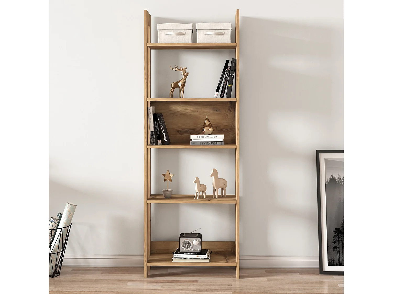 "Lantlig Träbokhylla - Elegant Design - 5 Hyllor - Brun - 64 x 30 x 180 cm"