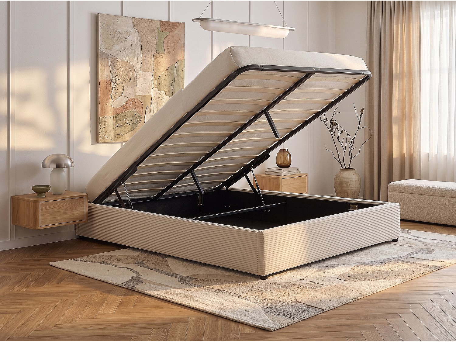 Bett mit Bettkasten 200 x 200 cm aus Cord-Samt - Beige - von YSMÉE FIRMEO