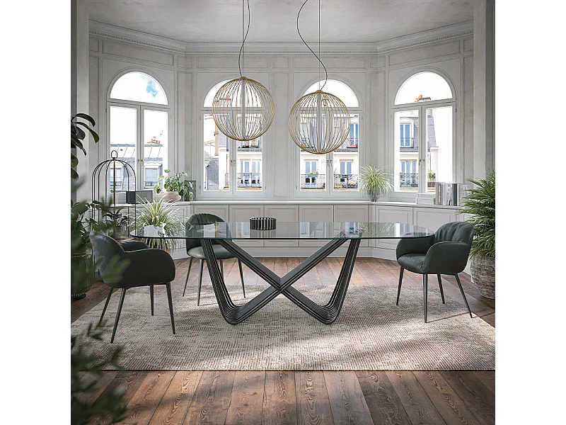 Surface de table en verre Tenso Tenso fixe, base gris charbon, et surface en verre extra-transparent transp. Trempé, 180 x 90, épaisseur de 12 mm