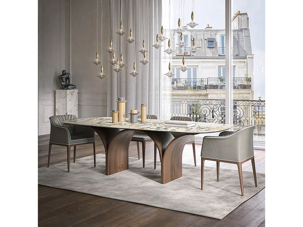 Table fixe Arco Barrel avec fond en noyer canaletto et plateau en grès Symphonie