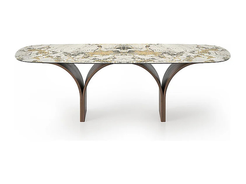 Table fixe Arco Barrel avec fond en noyer canaletto et plateau en grès Symphonie