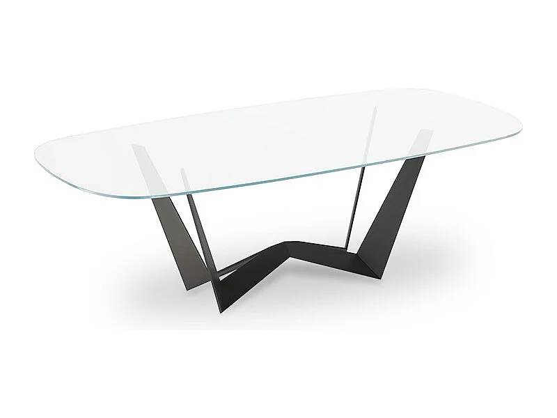 Table à baron inversé fixe, base gris charbon et table en verre trempé transparent