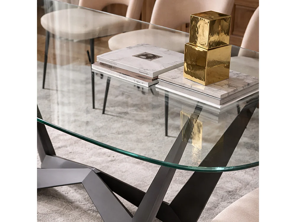 Table à baron inversé fixe, base gris charbon et table en verre trempé transparent