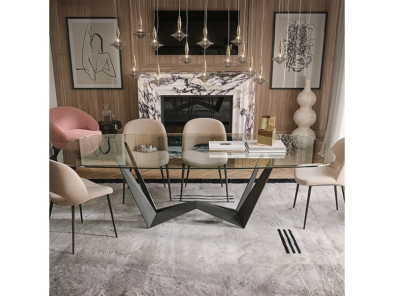 Table à baron inversé fixe, base gris charbon et table en verre trempé transparent