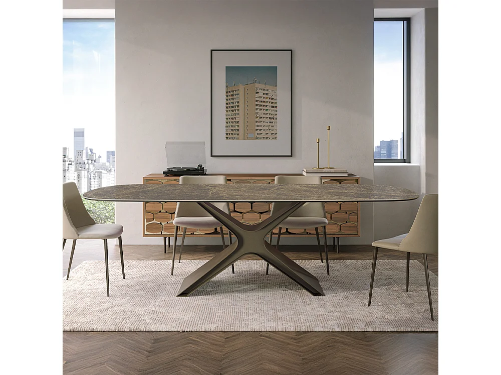 Table fixe en céramique Calliope - Base - Bronze brossé, structure gris charbon, baril incliné, dessus en grès Porcel. Statuaires très hautes