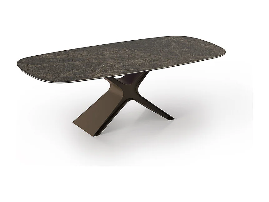 Table fixe en céramique Calliope - Base - Bronze brossé, structure gris charbon, baril incliné, dessus en grès Porcel. Statuaires très hautes