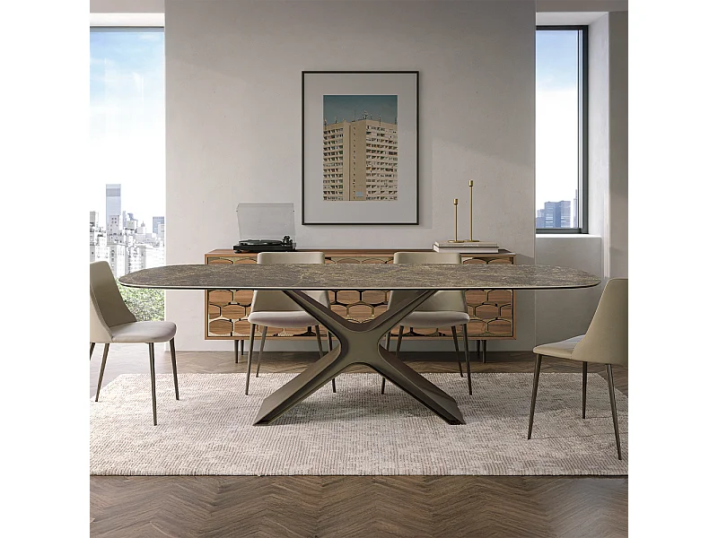 Table fixe en céramique Calliope - Base - Bronze brossé, structure gris charbon, baril incliné, dessus en grès Porcel. Statuaires très hautes