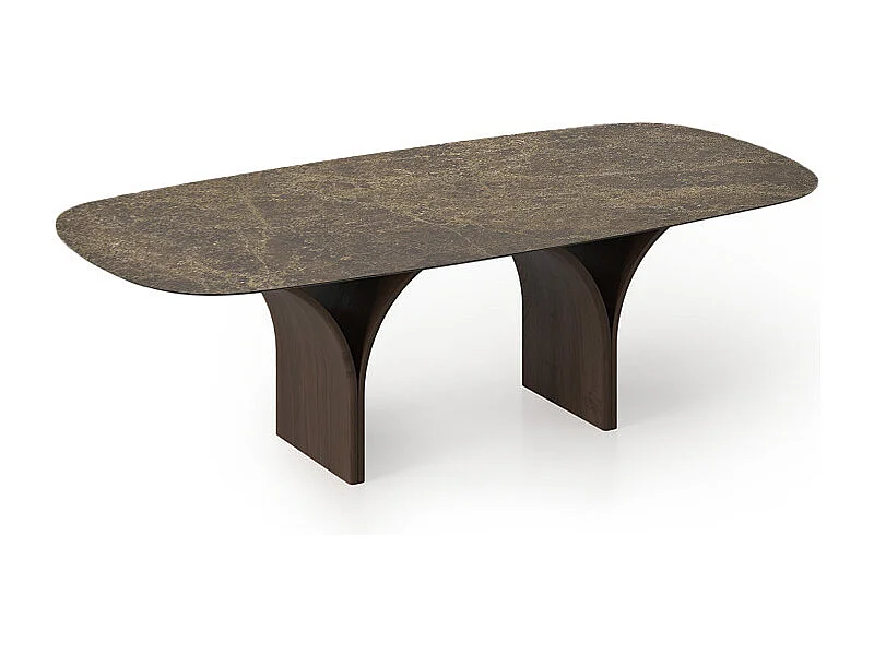 Table fixe Arco Barrel avec fond en chêne foncé et plateau en grès Emperador