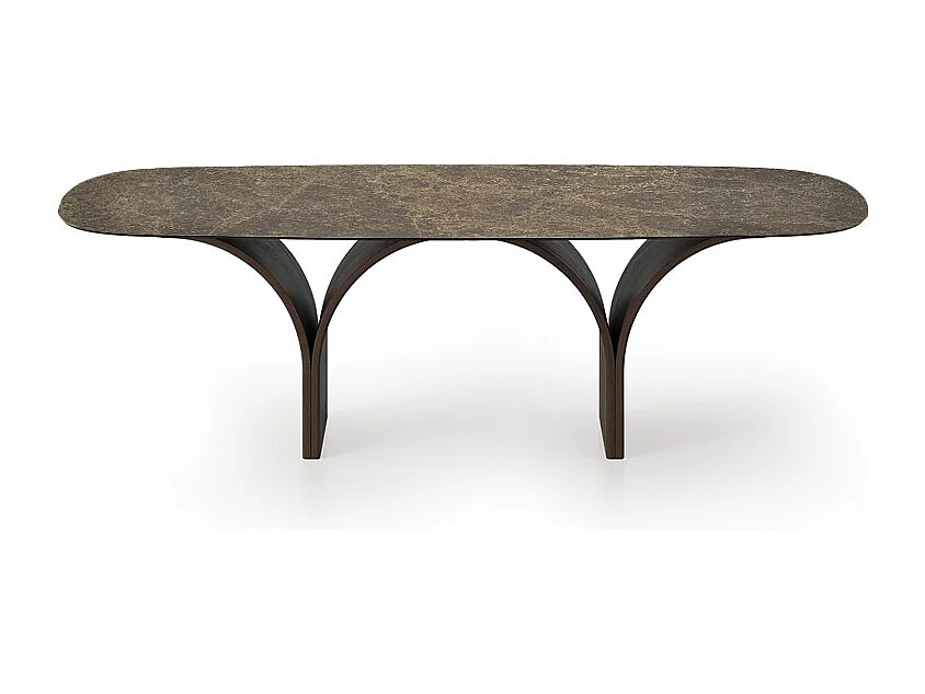 Table fixe Arco Barrel avec fond en chêne foncé et plateau en grès Emperador