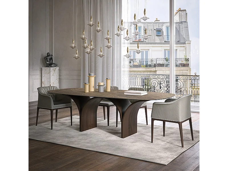 Table fixe Arco Barrel avec fond en chêne foncé et plateau en grès Emperador