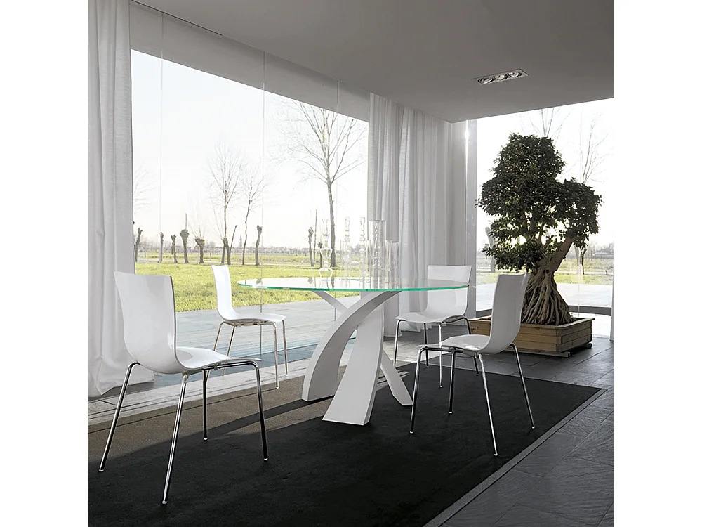 Tavolo Tondo Eliseo Con Base Bianca Opaca E Piano In Vetro Trasparente Ø 120 Spessore 12Mm