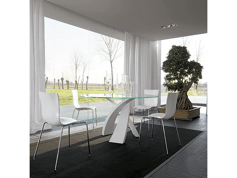 Tavolo Tondo Eliseo Con Base Bianca Opaca E Piano In Vetro Trasparente Ø 120 Spessore 12Mm