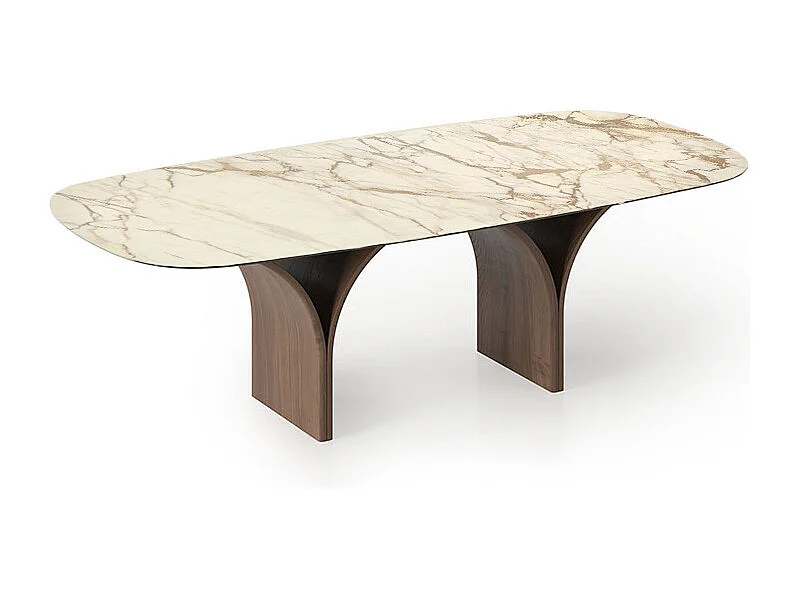 Table fixe Arco Barrel avec base en noyer canaletto et plateau en grès Matt Macchiavecchia