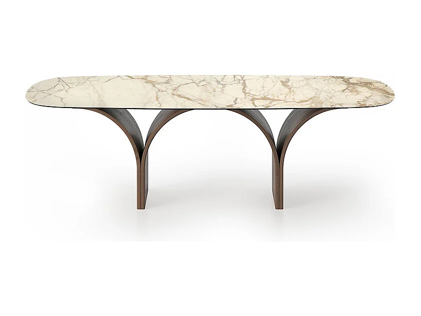 Table fixe Arco Barrel avec base en noyer canaletto et plateau en grès Matt Macchiavecchia