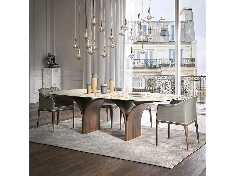 Table fixe Arco Barrel avec base en noyer canaletto et plateau en grès Matt Macchiavecchia