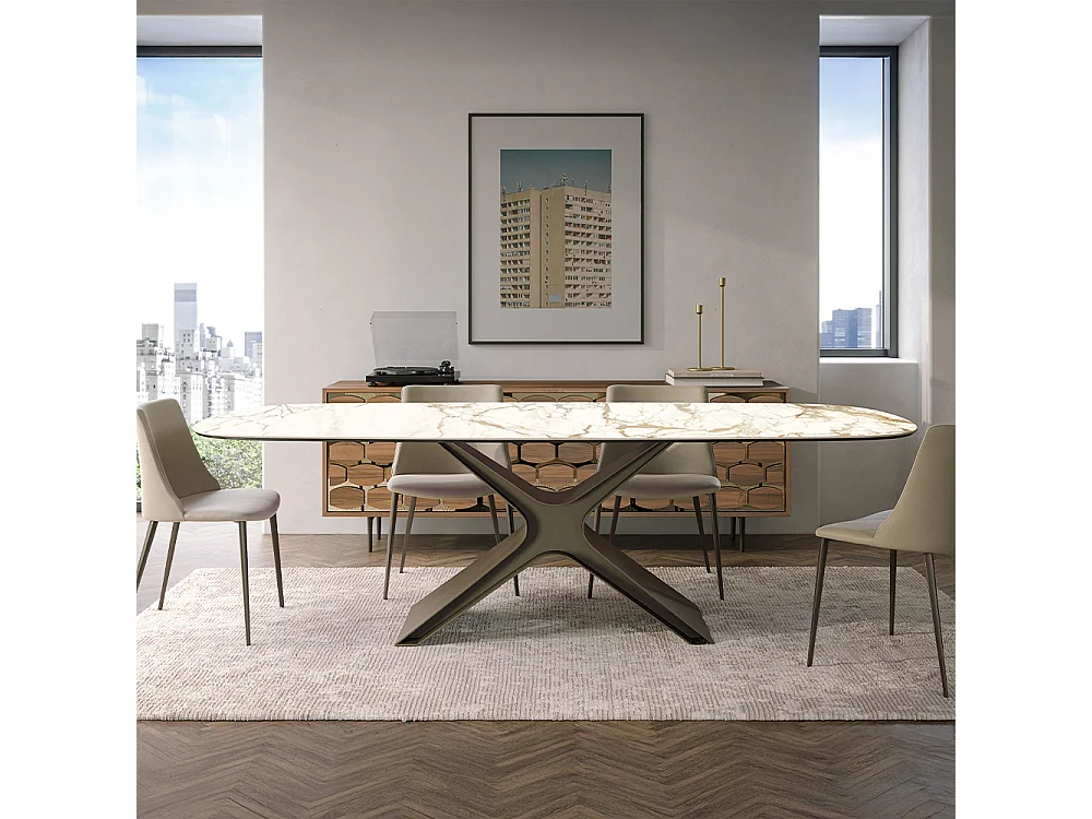 Table fixe en céramique Calliope - Base - Bronze brossé, structure gris charbon, canon incliné, dessus en porcelaine Emperador