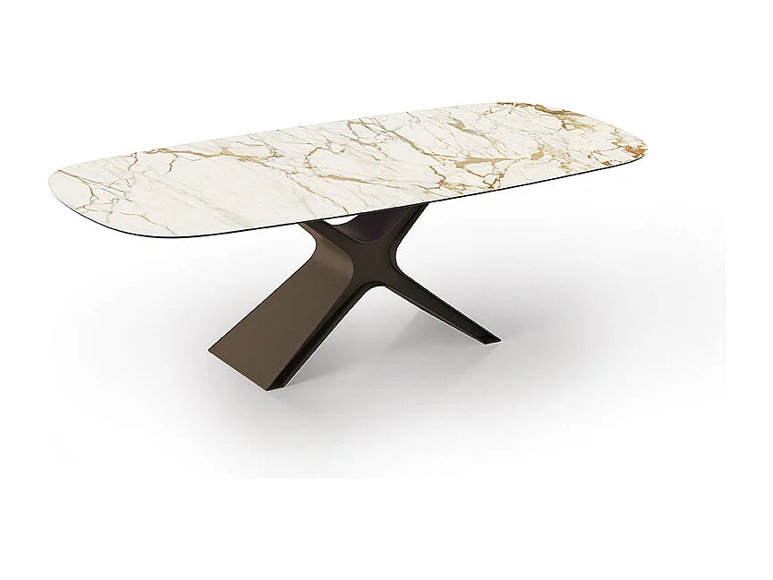 Table fixe en céramique Calliope - Base - Bronze brossé, structure gris charbon, canon avec bord incliné, plateau en porcelaine Macchiavecchia mate