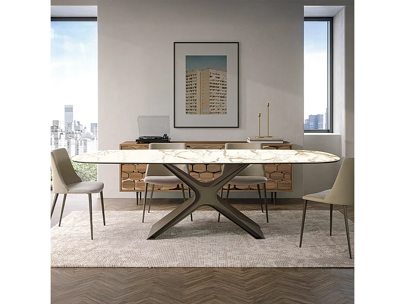 Table fixe en céramique Calliope - Base - Bronze brossé, structure gris charbon, canon avec bord incliné, plateau en porcelaine Macchiavecchia mate