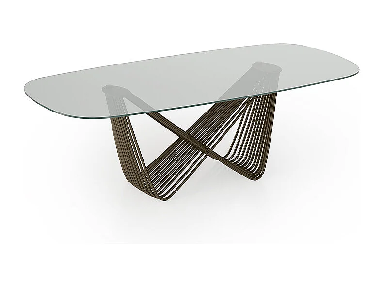 Table fixe Tenso Tonneau Base en verre Pierre de bronze et dessus Verre extra-transparent Transp. Trempé, 180 x 90, épaisseur de 12 mm