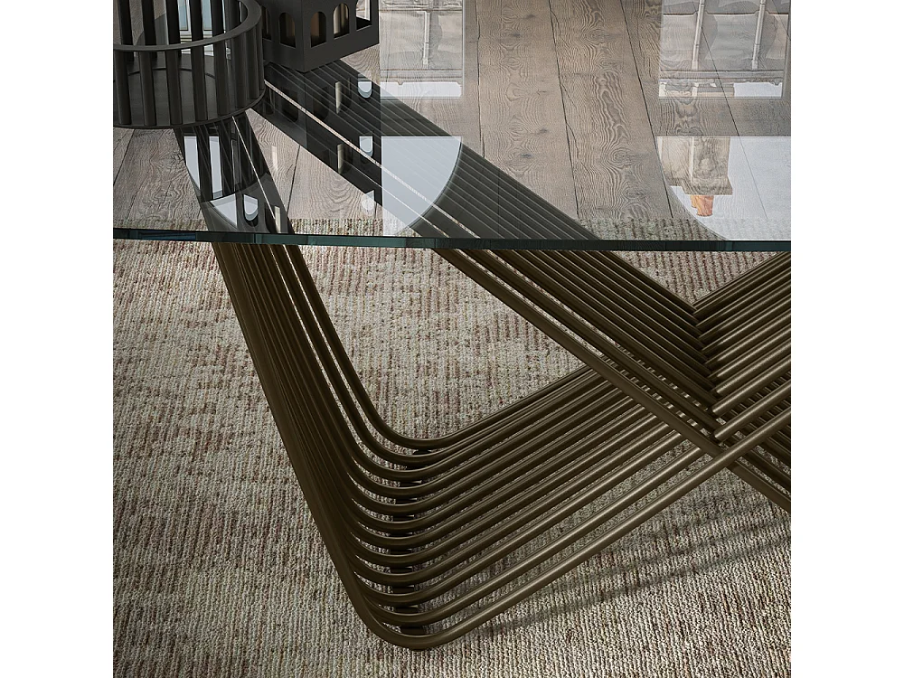 Table fixe Tenso Tonneau Base en verre Pierre de bronze et dessus Verre extra-transparent Transp. Trempé, 180 x 90, épaisseur de 12 mm