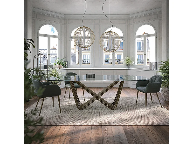 Table fixe Tenso Tonneau Base en verre Pierre de bronze et dessus Verre extra-transparent Transp. Trempé, 180 x 90, épaisseur de 12 mm