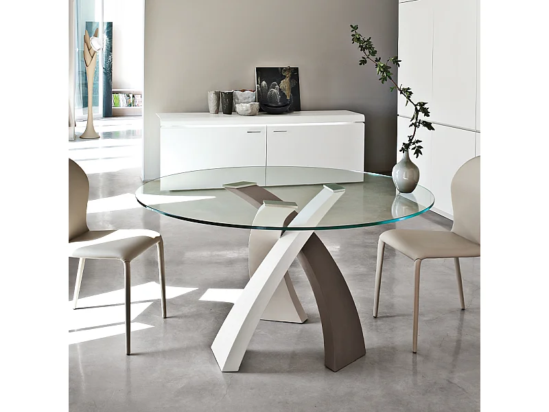 Tavolo Tondo Eliseo Con Base Tricolore (Bianco,Beige,Fango) Piano In Vetro Trasparente Ø 120 Spessore 12Mm
