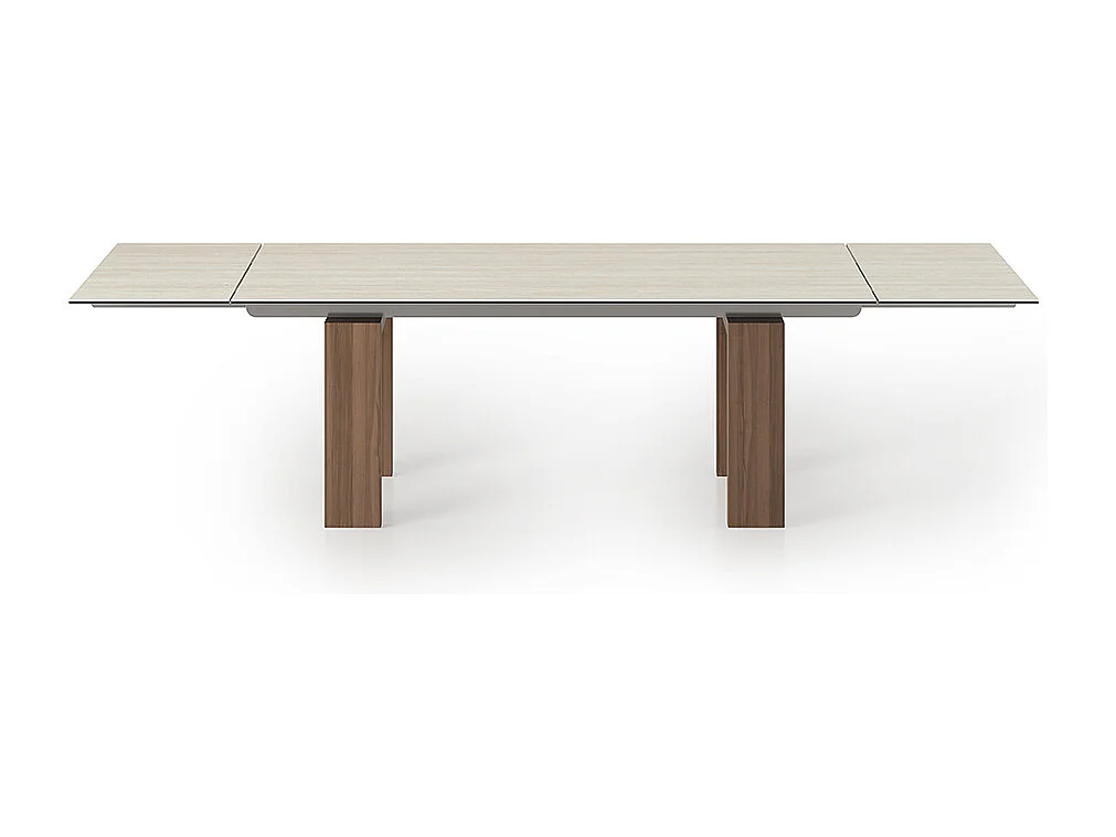 Travertin de table extensible Brooklyn - Base en chêne naturel rail en aluminium peint gris charbon Rectangulaire Rectangle régulier Travertin blanc en grès