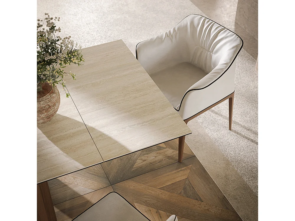 Travertin de table extensible Brooklyn - Base en chêne naturel rail en aluminium peint gris charbon Rectangulaire Rectangle régulier Travertin blanc en grès