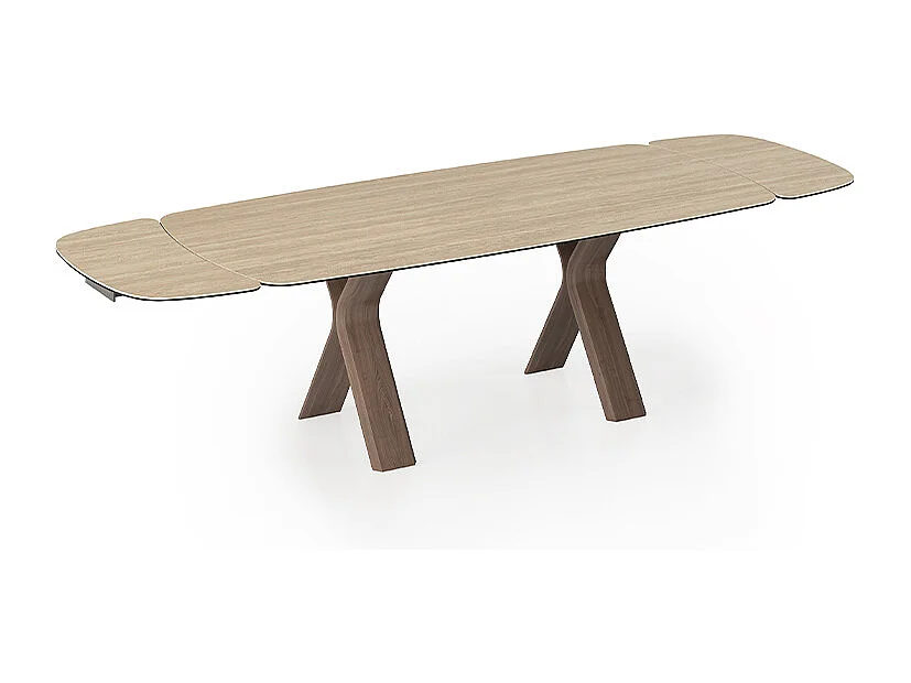 Table extensible en travertin - base en noyer canaletto, rail en aluminium peint gris charbon, canon à bord régulier, grès travertin beige